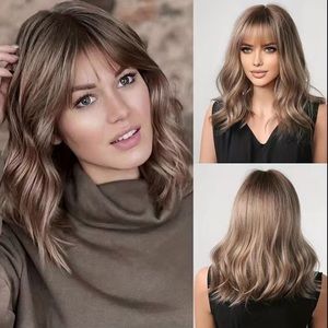 Curly Synthetic Wig with Air Bangs - 16 inch Camel *NEW*